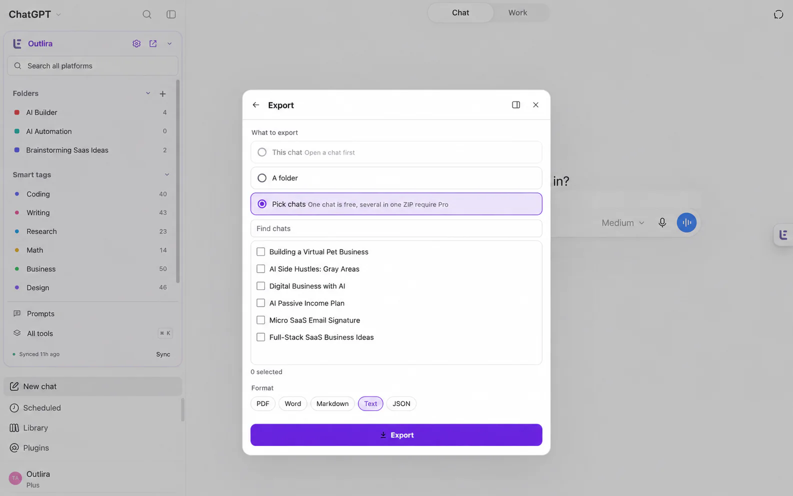 Export selected conversations to the format you need.
